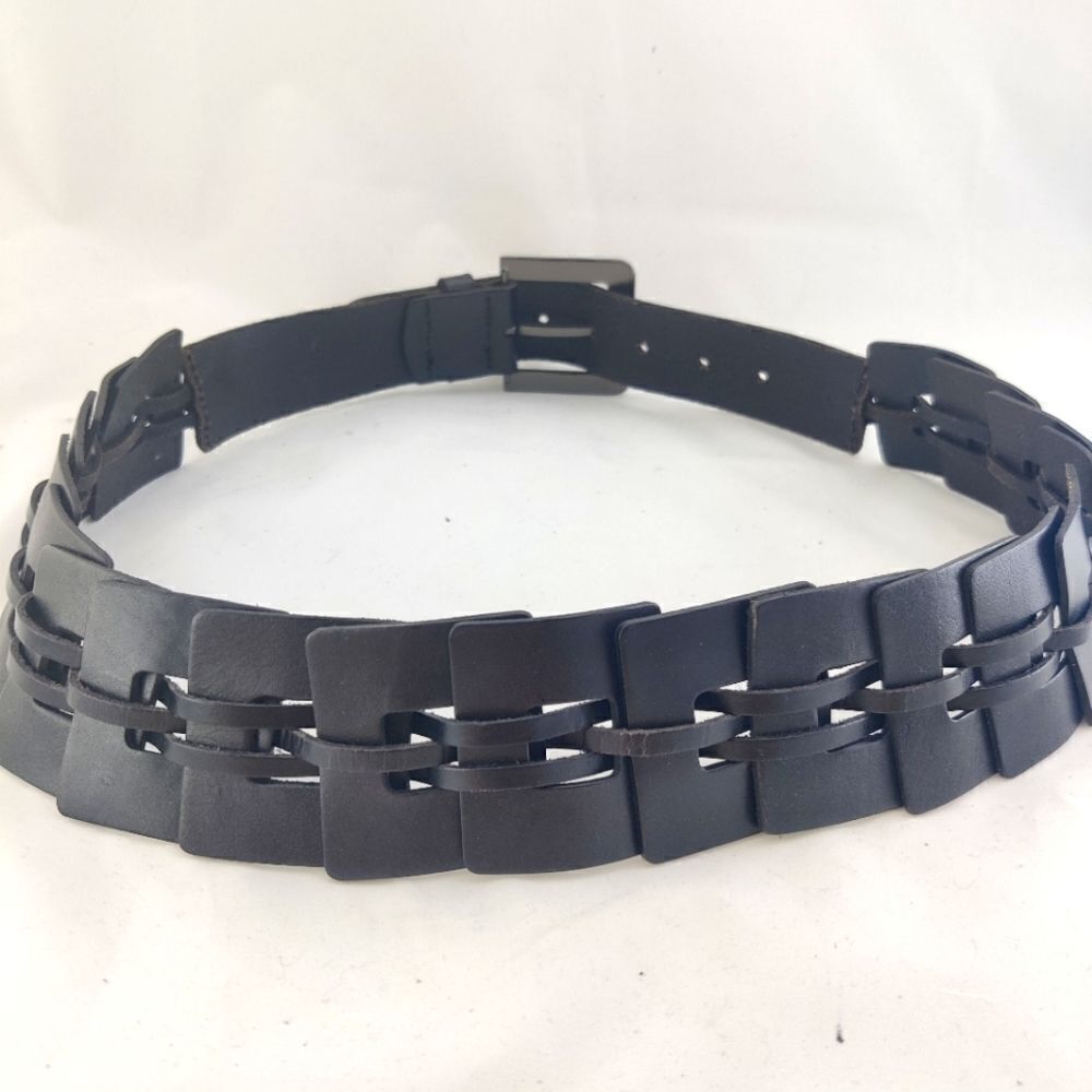 Black Woven Leather Belt Size 35 Minimalist Square Link Matte Metal Buckle
